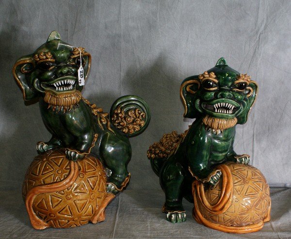 Pair large 19th C Chinese ceramic foo dogs with cho: Pair large 19th C Chinese ceramic foo dogs with chop mark . H:20" L:16"