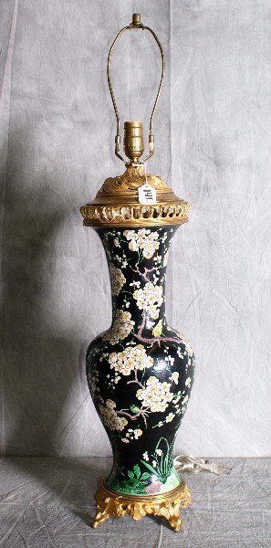 19th C Chinese porcelain dore bronze mounted lamp.: 19th C Chinese porcelain dore bronze mounted lamp. H:34"