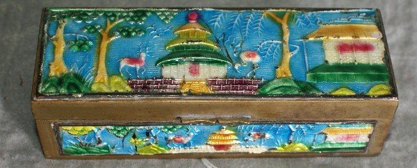 Antique Chinese Bronze and enamel covered box: Antique Chinese Bronze and enamel covered box marked china on bottom. H:1.5" L:4.5"