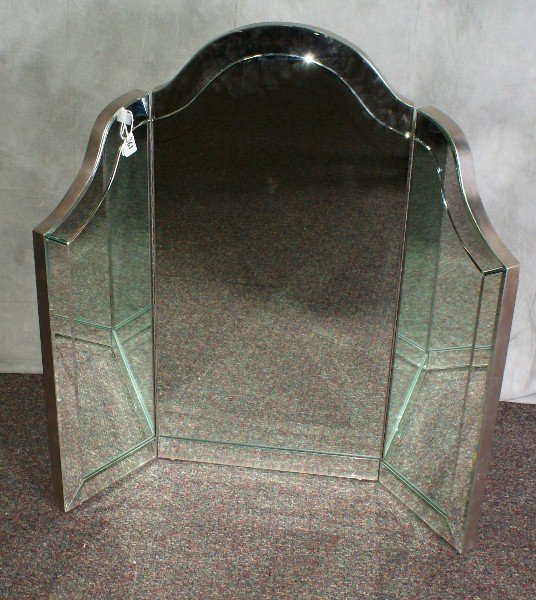 Deco style folding table top vanity mirror.: Deco style folding table top vanity mirror. H:36" W:38"