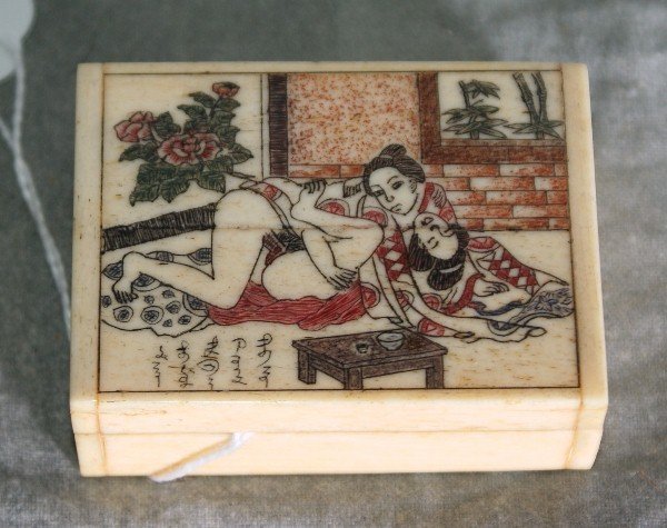 Chinese Marine ivory erotic painted pill box. L:2: Chinese Marine ivory erotic painted pill box. L:2.25" .