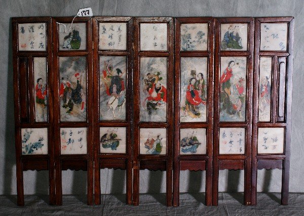 18th c Chinese seven panel painted wood framed ma: 18th c Chinese seven panel painted wood framed marble table screen. H:22" W:32" .