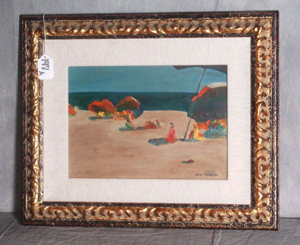 Oil on board of a beach scene in a wood frame: Oil on board of a beach scene in a wood frame signed Jane Peterson lower right. H:15" W:18"