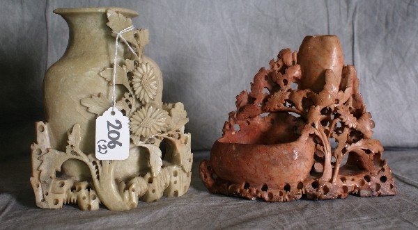 Two 19th C Chinese soap stone vases. Tallest H:7": Two 19th C Chinese soap stone vases. Tallest H:7"
