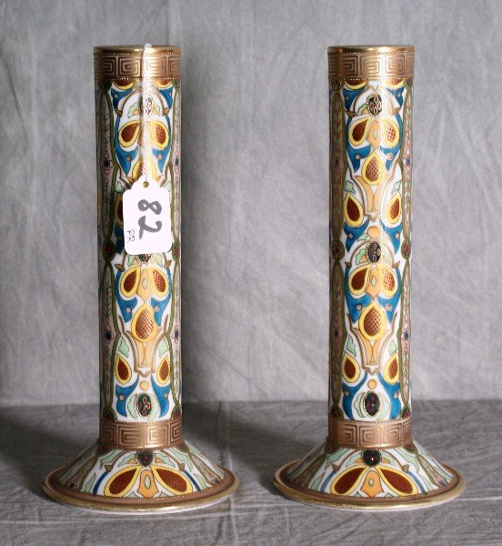 Pair of very unusual Nippon porcelain hand painted: Pair of very unusual Nippon porcelain hand painted vases. H:10. 5" .