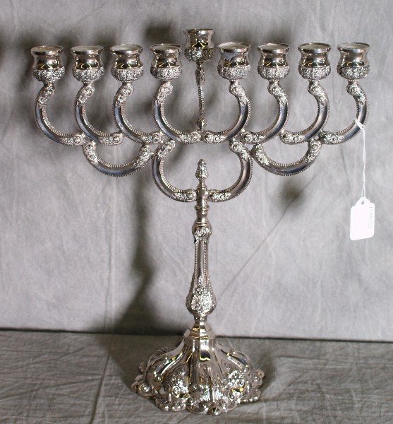 Judaica silver plate menorah. H:14. 25" W:13".: Judaica silver plate menorah. H:14. 25" W:13".