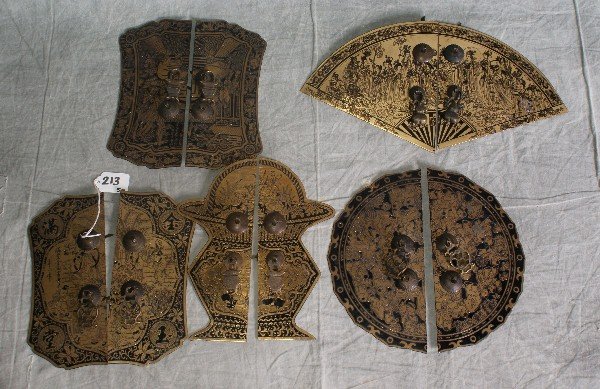 Five set of brass and enamel chinese cabinet: Five set of brass and enamel chinese cabinet door handles. H:9.5"