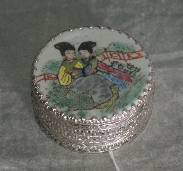 Chinese silvered and enamel covered box. D:2 5". : Chinese silvered and enamel covered box. D:2 5".