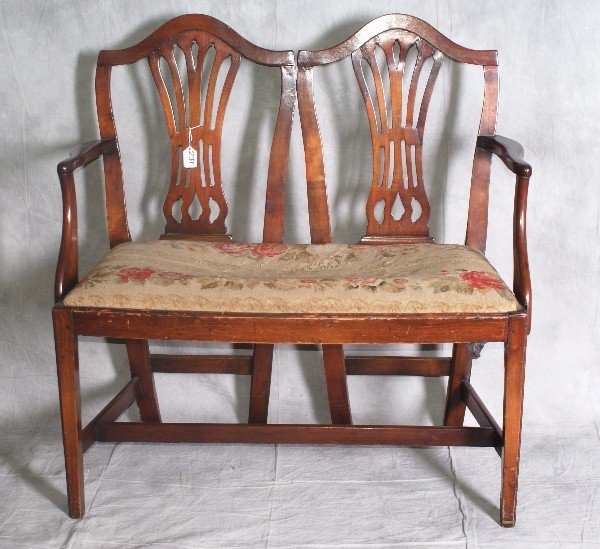 19th C mahogany adam style settee. H:37" W:36 5" D:17".: 19th C mahogany adam style settee. H:37" W:36 5" D:17".