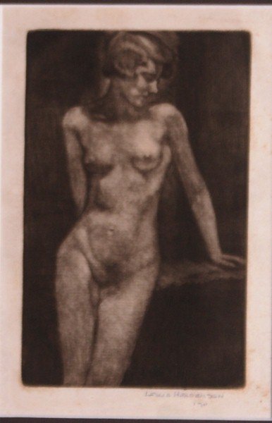 Framed Mezzotint of nude . Signed Leslie Henderson. H:1: Framed Mezzotint of nude . Signed Leslie Henderson. H:15" W:12.25"