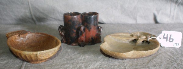 Three Chinese soapstone pieces 2 brush washers and a do: Three Chinese soapstone pieces 2 brush washers and a double brush pot. Largest L:5"
