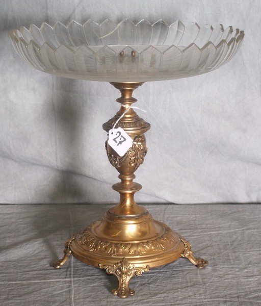 Large Gilt metal and crystal footed compote. H:12 5" D:: Large Gilt metal and crystal footed compote. H:12 5" D:12".