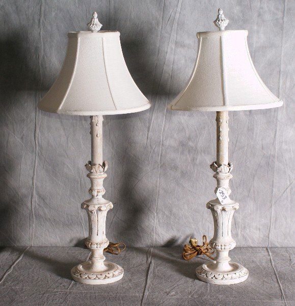 Pair antique Italian wood painted single light table: Pair antique Italian wood painted single light table lamps. H:30"