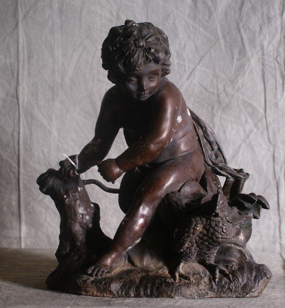 Bronze figural group of child with hen, Signed: Bronze figural group of child with hen, Signed Moreau. H:10.5" L:9.5"