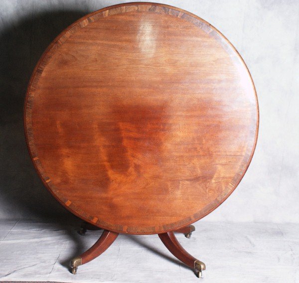 19th C large mahogany banded inlay tilt top breakfast : 19th C large mahogany banded inlay tilt top breakfast table raised on bronze casters. H:27.5" D:54"