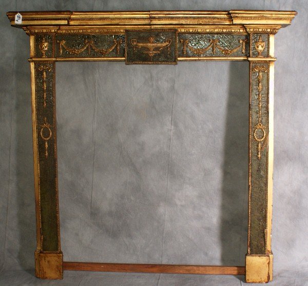 19th c Adams painted and carved wood fireplace mantle.: 19th c Adams painted and carved wood fireplace mantle. H:48" W:49" D:8".