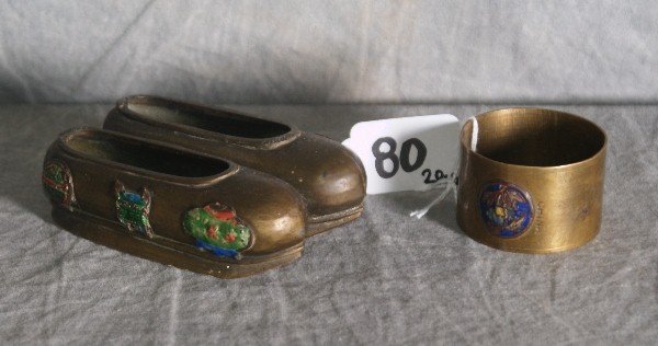 Pair of Chinese bronze and enamel shoes and one Chinese: Pair of Chinese bronze and enamel shoes and one Chinese bronze and enamel napkin ring.