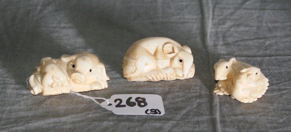 Three Chinese marine ivory netsukes of animals: Three Chinese marine ivory netsukes of animals all signed . L:2 25".