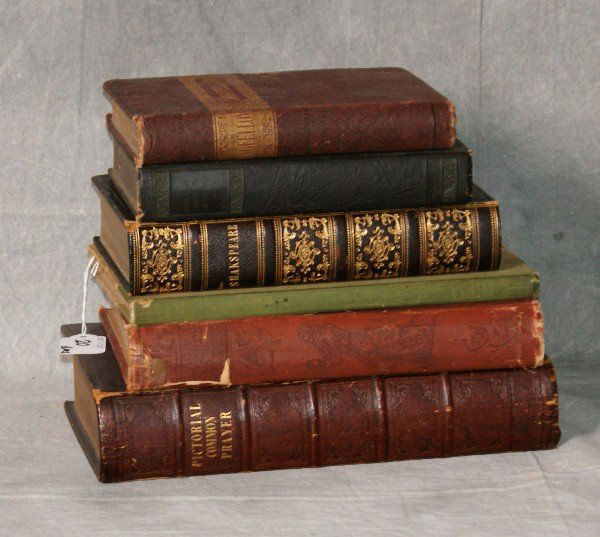 6 leather bound books , Early poems of Henry Wadsworth : 6 leather bound books , Early poems of Henry Wadsworth Longfellow,Candide By Mahlon Blaine, Holidays in The open by Theodore Roosevelt, The plays of William Shakspeare,The bokk of Common Prayer, and T