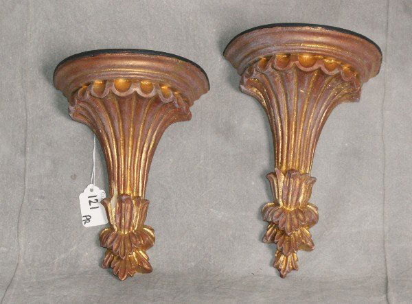 Pair gilt wall brackets. H:8" W:6.5" D:5": Pair gilt wall brackets. H:8" W:6.5" D:5"