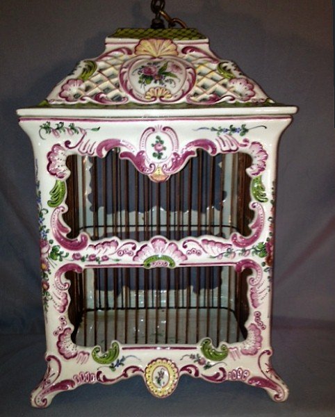 Antique French Faience Porcelain Birdcage: Antique French Faience Porcelain Birdcage. H:16" W:10" D:8"
