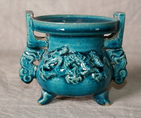Chinese 19th c green glazed pottery incense holder.: Chinese 19th c green glazed pottery incense holder. H:4" D:4"