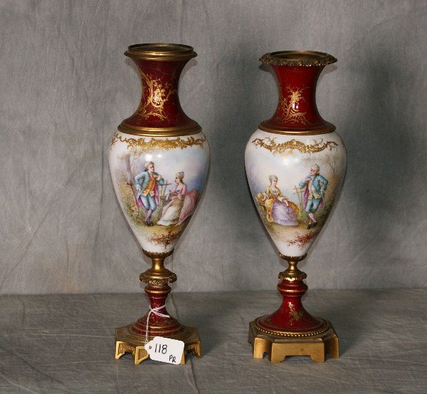 Two sevres porcelain gilt metal mounted and artist sig: Two sevres porcelain gilt metal mounted and artist signed vases. H:14. 5"