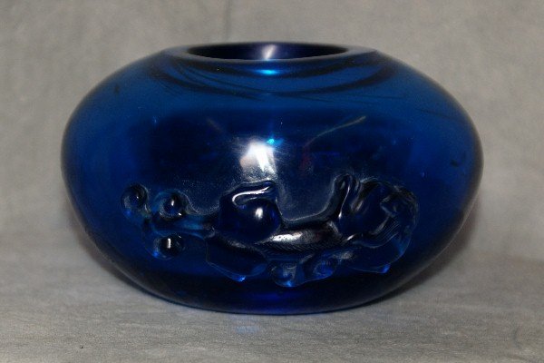 18th/19th C Chinese blue peking glass brush pot with m: 18th/19th C Chinese blue peking glass brush pot with mark on bottom. H:3" D:5. 25"