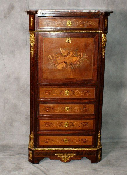19th C French inlaid and bronze mounted secretary abat: 19th C French inlaid and bronze mounted secretary abatant. H:51. 5" W:28" D:15"