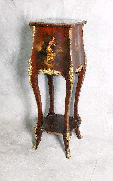 19th c Verni Martin painted bronze mounted pedestal: 19th c Verni Martin painted bronze mounted pedestal table. H:41" W:14" D:14"