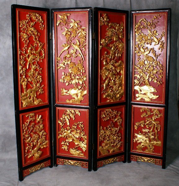 19th C Chinese heavily carved gilt and laquered 4 panel: 19th C Chinese heavily carved gilt and laquered 4 panel floor screen. H:72" overall width 68"