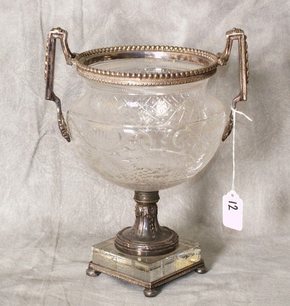 Antique Pairpoint silverplate and cut crystal urn: Antique Pairpoint silverplate and cut crystal footed 2 handle urn. H:11" D:9"