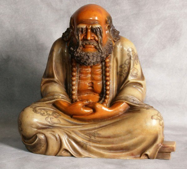 19th c. Chinese artistically carved soapstone Lo-han: 19th c. Chinese artistically carved soapstone long-eyebrow Lo-han figure, signed. H: 10"