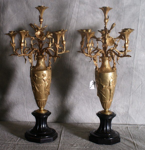 Pair 19th c dore bronze six light candleabras: Pair 19th c dore bronze six light candleabras with scenes of dancing nude females raised on marble bases. H:25.5"