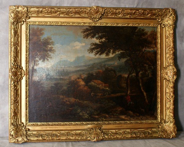 17th C old master oil on canvas: 17th C old master oil on canvas laid on board in a carved giltwood frame, name plate reads: Gaspard Poussin, artist also known as Gaspard Dughet. overall size H:26" W:32.5"