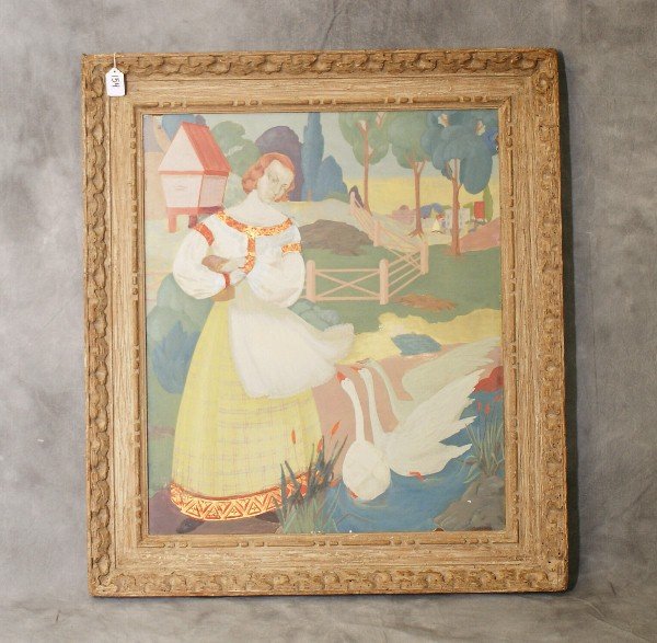 Oil on board of woman with geese, signed M.A. Keller: Oil on board of woman with geese in a painted wood frame, signed M.A. Keller. overall size H:33.25" W:29"