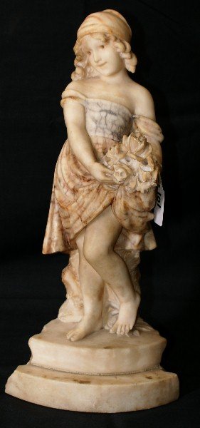 19th C marble statue of girl holding flowers, signed: 19th C multi color marble statue of girl holding flowers, signed. H:16"