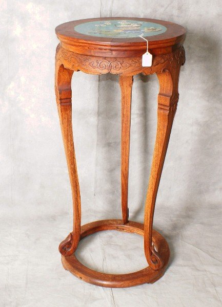 Chinese hardwood table with cloisonne top: Chinese hardwood table with cloisonne top. H:35.5" D:17"