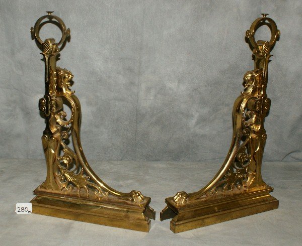 Pair antique bronze andirons signed F.Barbedienne: Pair antique bronze andirons signed F.Barbedienne. H:19"