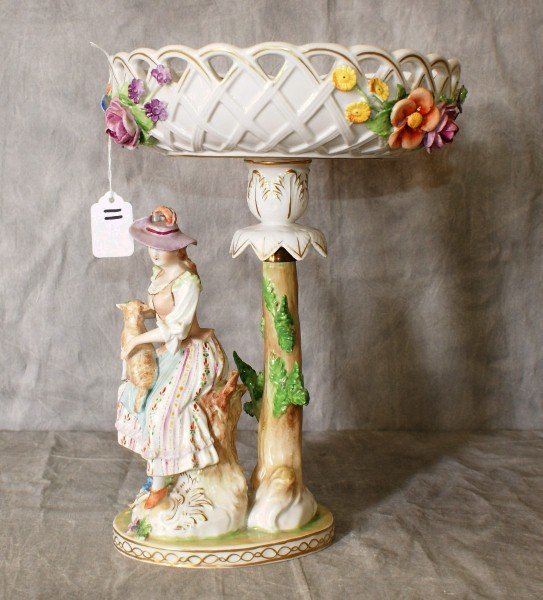 Dresden Porcelain figural compote. H:12.5" D:9": Dresden Porcelain figural compote. H:12.5" D:9"