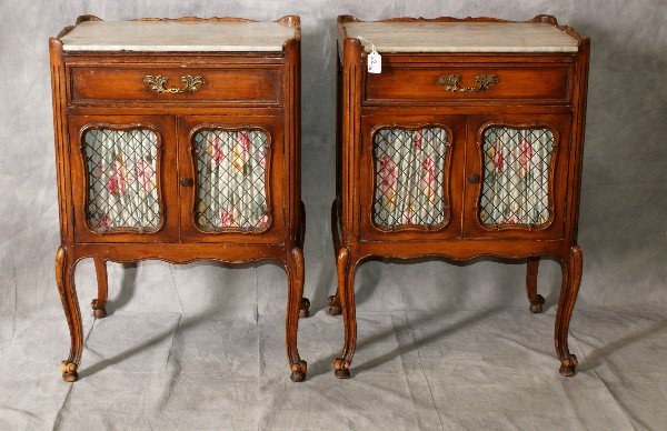 Pair antique country French nightstands with marble: Pair antique country French nightstands with marble tops. H:29" W:20" D:16"