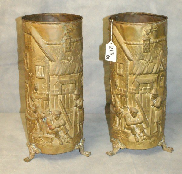 Pair of antique French embossed copper vases.: Pair of antique French embossed copper vases. H:12.5" D:6.5"