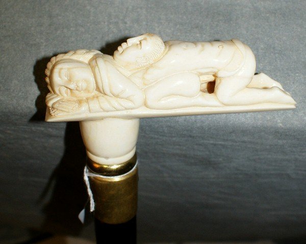 Chinese marine ivory erotic handle walking stick: Chinese marine ivory erotic handle walking stick. L:36.5"