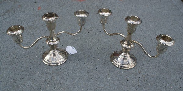 Pair sterling silver weighted 3 branch candlesticks.: Pair sterling silver weighted 3 branch candlesticks. H:6" L:9"