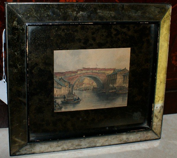 Antique Allom hand colored engraving, Chinese scene: Thomas Allom, 1804-1872 hand colored steel engraving, Title: China, West Gate of Ching-Keang-Foo, circa 1858, in an antique mirrored frame. Site size H:4" W:5" Overall size H:9.5" W:11"