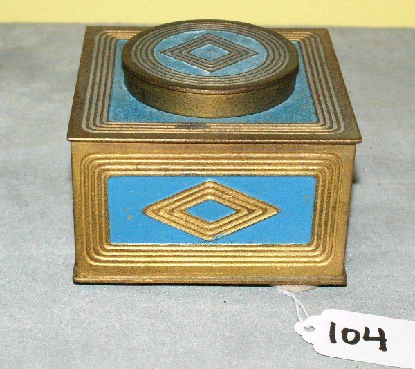 Tiffany bronze and painted inkwell, signed on bottom: Tiffany bronze and painted inkwell, signed on bottom Tiffany Studios New York 1801. H:2. 5" W:3. 75" D:3. 75"