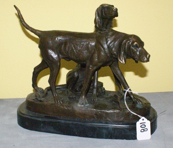 Bronze figural group of dogs on a marble base and: Bronze figural group of dogs on a marble base and signed A. Cain. H:10" L:11. 5"