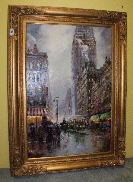 ROBERT LEBRON (AMERICAN, 1928), OIL ON CANVAS: ROBERT LEBRON (AMERICAN, 1928), OIL ON CANVAS titled: Chicago Madison St. Masonic Temple,Under construction. Site size H:36" W:24"