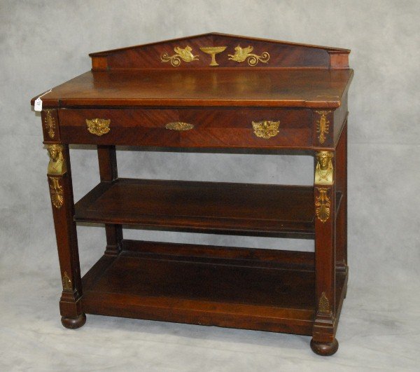 19th C bronze mounted Empire server with marble top.: 19th C bronze mounted Empire server with marble top. H:41.5" W:42" D:20"