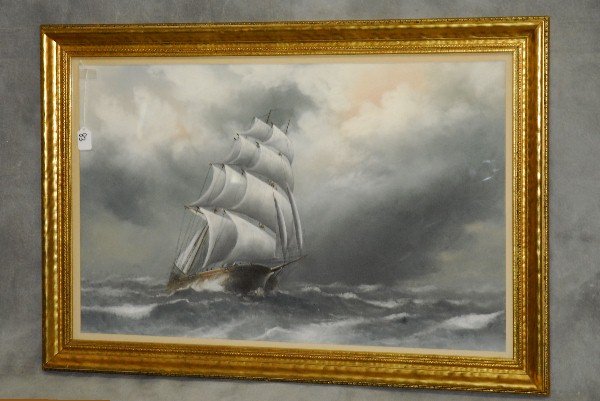 19th c pastel of sail boat in stormy seas signed lower: 19th c pastel of sail boat in stormy seas signed lower right : Wellington. Overall H:26.25" W:38.5" Site H:22" W:34"